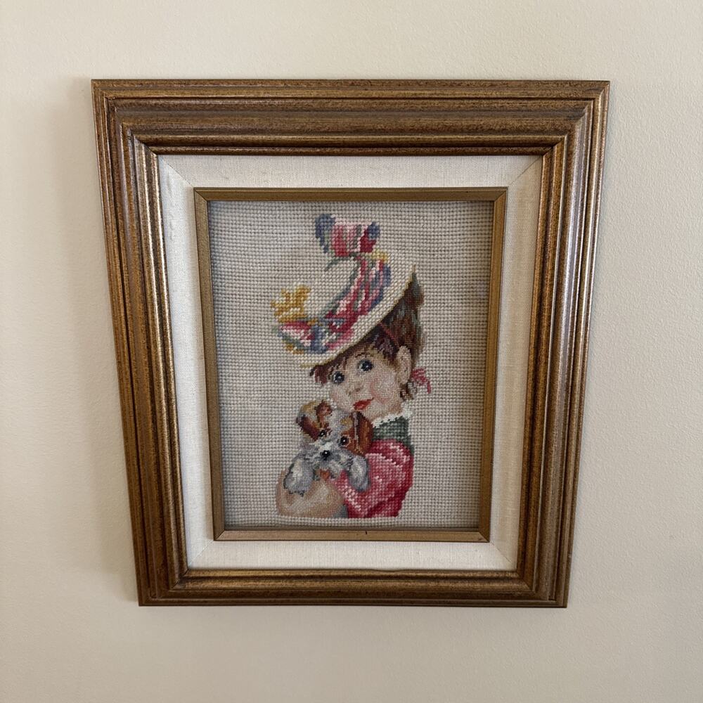 Vintage Framed Needlepoint Girl & Dog Victorian Cottagecore